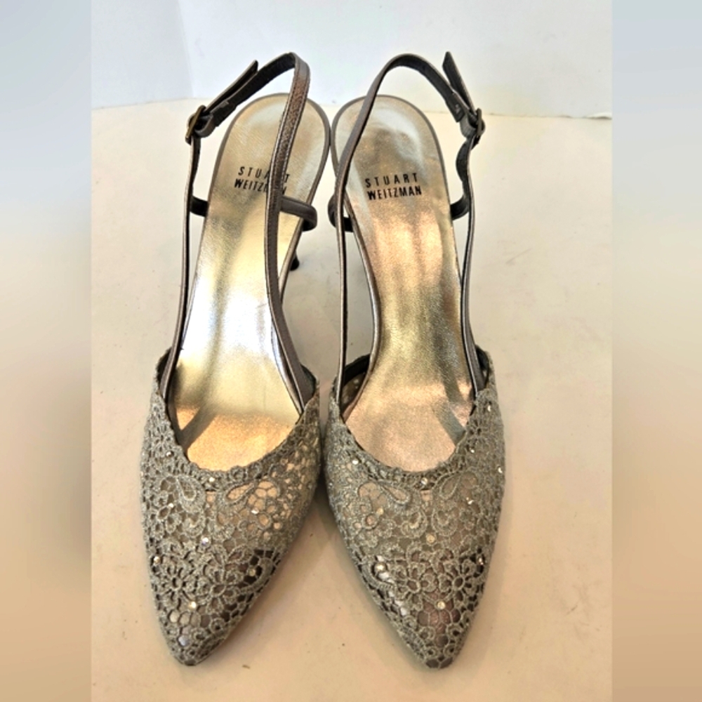 Stuart Weitzman Silver Lace Slingback Heels